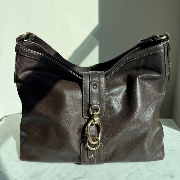 Ann Taylor Brown Shoulder Bag with Gold Ring Hardware Medium Tote Satchel - Picture 1 of 11